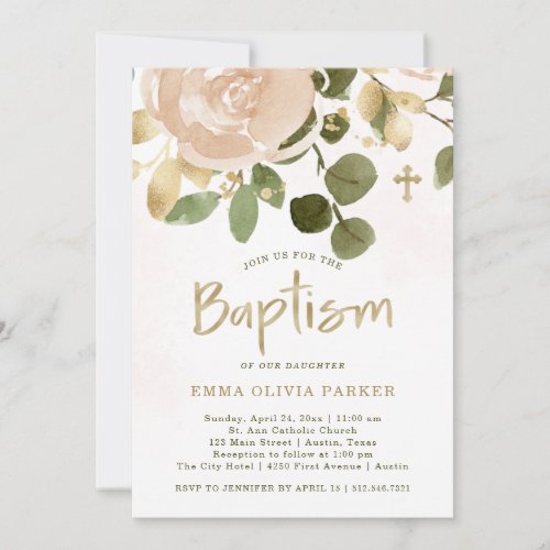 Neutral Watercolor and Gold Floral  Baptism Invitation