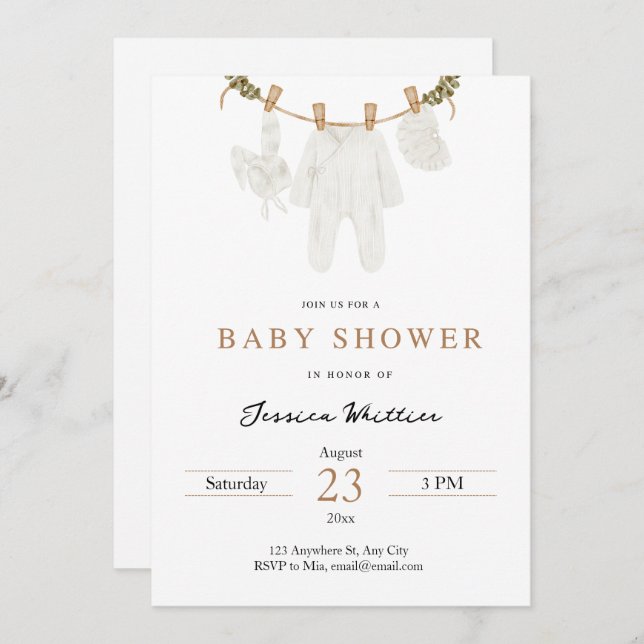 Neutral Watercolor Baby Clothes Baby Shower Invitation (Front/Back)