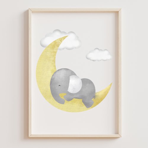 Neutral Watercolor Baby Elephant and Moon Nursery  Poster