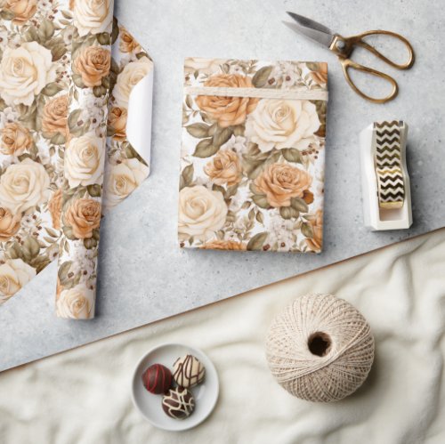 Neutral watercolor boho earthy tones flowers roses wrapping paper