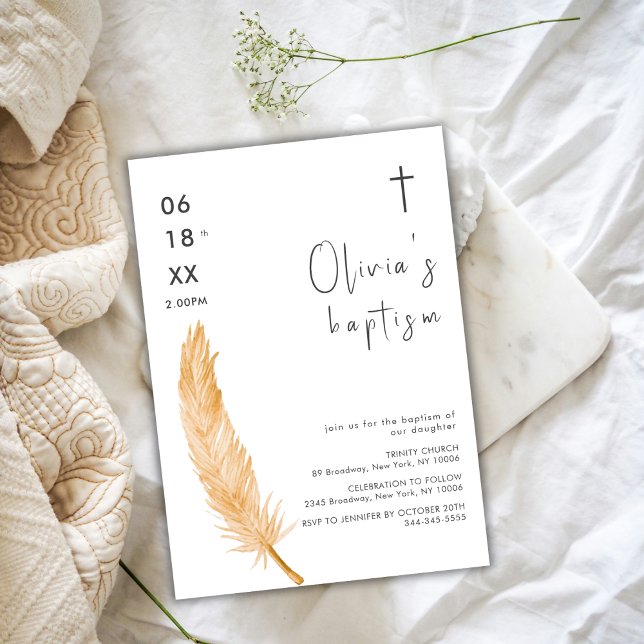Neutral Watercolor Feather Cross Baptism  Invitation (Neutral Watercolor Feather Cross Baptism Invitation)