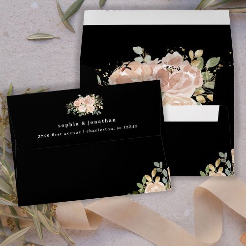 Neutral Watercolor Floral and Gold  Black Wedding Envelope