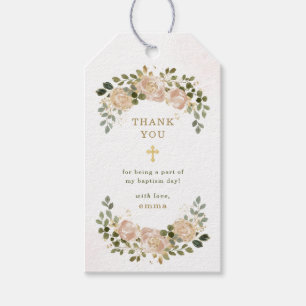 Neutral Watercolor Floral and Gold Cross Baptism Gift Tags