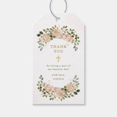Neutral Watercolor Floral and Gold Cross  Baptism Gift Tags