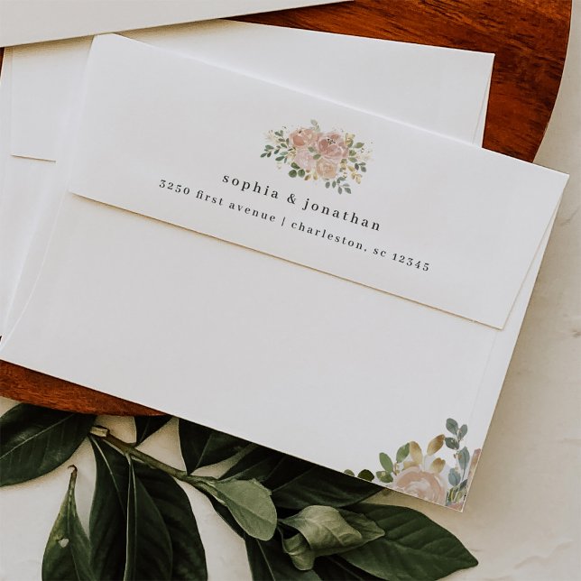 Neutral Watercolor Floral and Gold | White Wedding Envelope (Creator Uploaded)