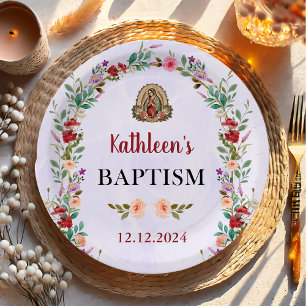 Neutral Watercolor Floral Baptism Paper Plates