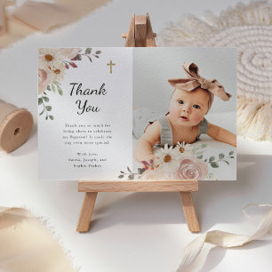 Neutral Watercolor Floral Baptism Photo Thank You Card