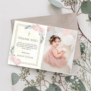 Neutral Watercolor Floral Baptism Thank You Card