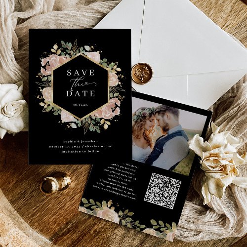 Neutral Watercolor Floral Black  QR Code and Photo Save The Date