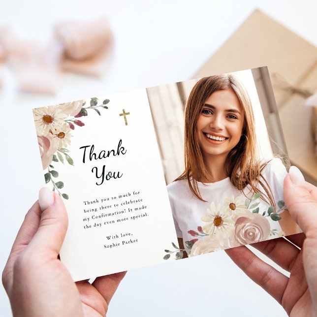 Neutral Watercolor Floral | Confirmation Photo Thank You Card (Creator Uploaded)