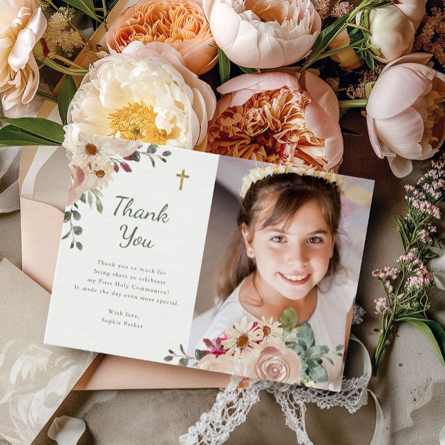 Neutral Watercolor Floral | First Communion Photo Thank You Card (Creator Uploaded)