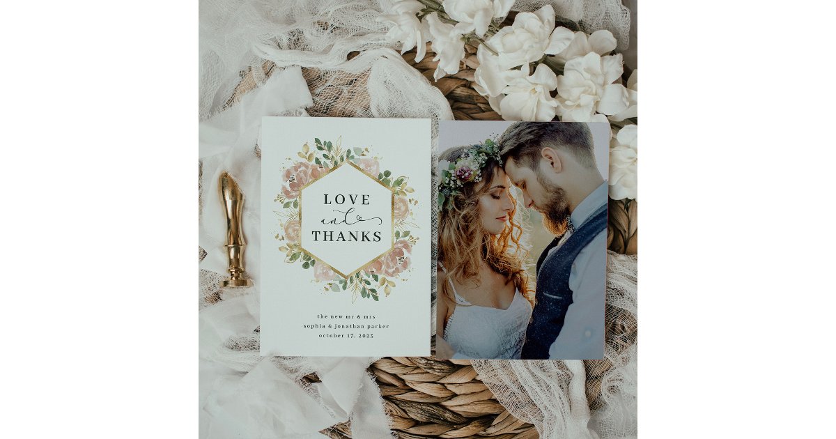 Neutral Watercolor Floral | Gold Love and Thanks Thank You Card | Zazzle