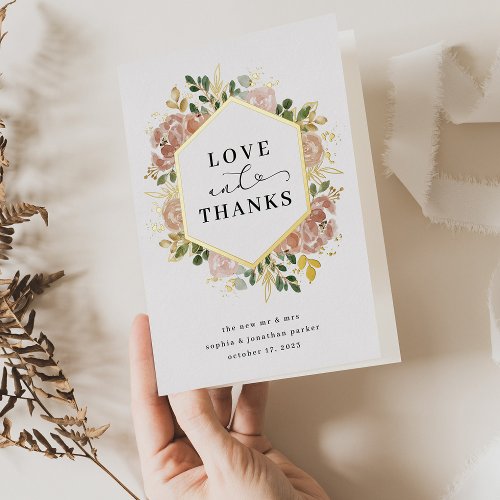 Neutral Watercolor Floral  Love and Thanks Gold Foil Greeting Card