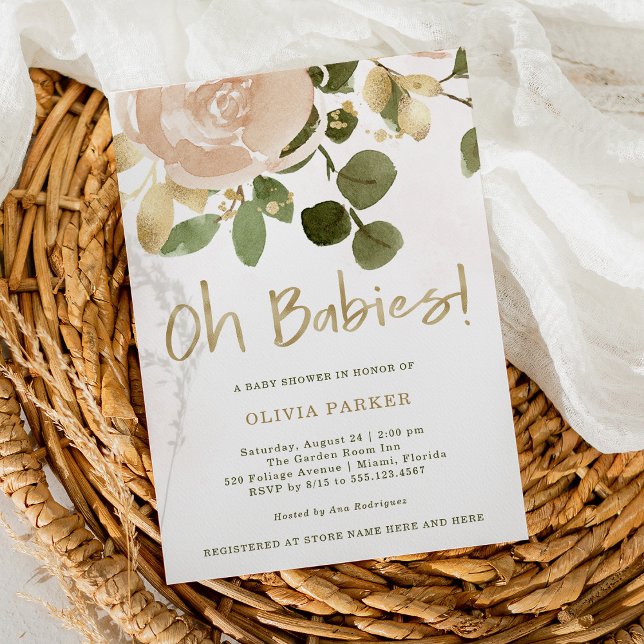 Neutral Watercolor Floral | Oh Babies Baby Shower Invitation (Creator Uploaded)