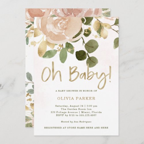 Neutral Watercolor Floral  Oh Baby Baby Shower Invitation