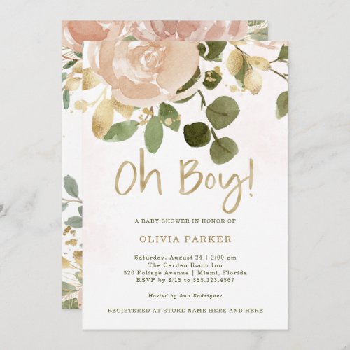 Neutral Watercolor Floral  Oh Boy Baby Shower Invitation