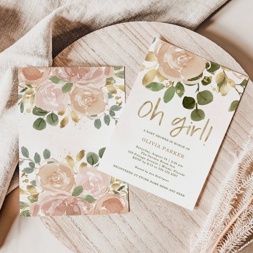 Neutral Watercolor Floral  Oh Girl Baby Shower Invitation