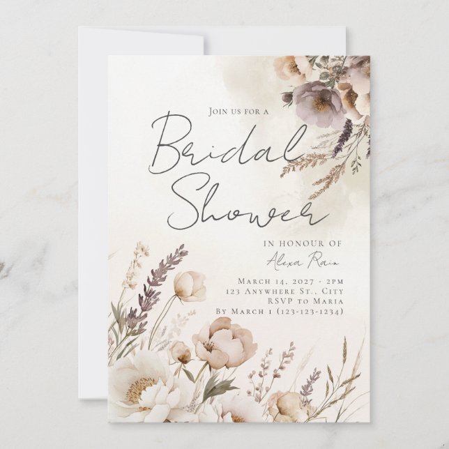 Neutral Watercolor Floral Shower Invitation  (Front)