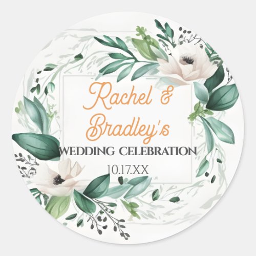 Neutral Watercolor Floral Wedding Greenery Frame Classic Round Sticker