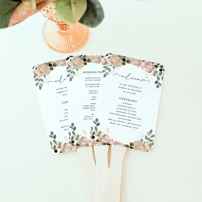 Neutral Watercolor Floral White | Wedding Program Hand Fan (Pretty, neutral watercolor floral wedding program hand fans)