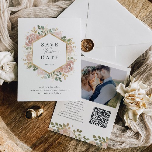 Neutral Watercolor Floral with QR Code and Photo Save The Date