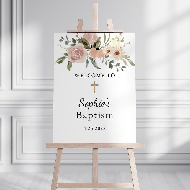 Neutral Watercolor Flowers | Baptism Welcome Foam Board (Creator Uploaded)