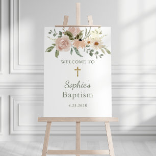 Neutral Watercolor Flowers Baptism Welcome Foam Board
