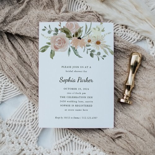 Neutral Watercolor Flowers Script  Bridal Shower Invitation