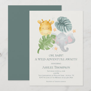 Neutral Watercolor Jungle Animals Baby Shower Invitation