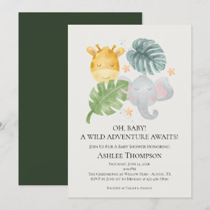 Neutral Watercolor Jungle Animals Baby Shower Invitation