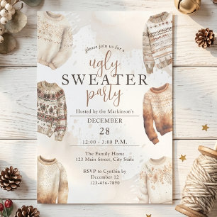 Neutral Watercolor Ugly Sweater Party Invitation