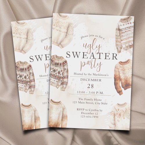 Neutral Watercolor Ugly Sweater Party Invitation