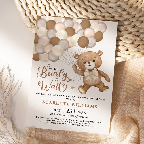 Neutral We Can Bearly Wait Teddy Bear Baby Shower Invitation