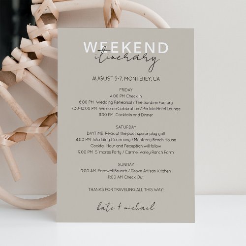 Neutral Wedding Weekend Itinerary Card