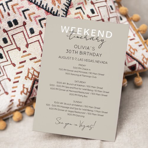 Neutral Weekend Birthday Itinerary Invitation