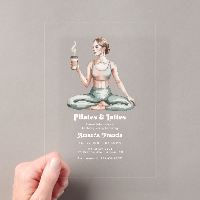 Neutral Wellness Pilates & Lattes Birthday Party Acrylic Invitations (Insitu (Handheld))
