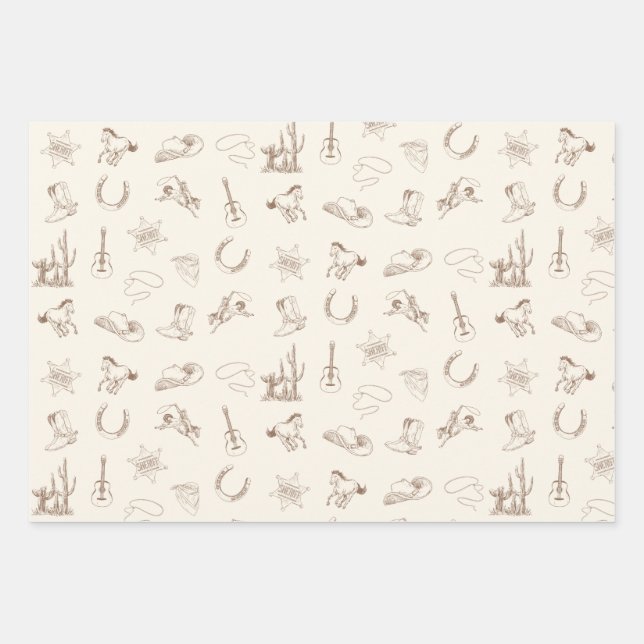 Neutral Western Rodeo Brown & Blue Set Wrapping Paper Sheets (Front)