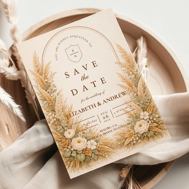 Neutral Wheat Arch Floral Wedding Save The Date (Creator Uploaded)