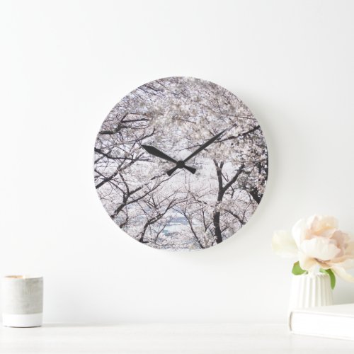 Neutral White Cherry Blossom Florals By Ava Large Clock
