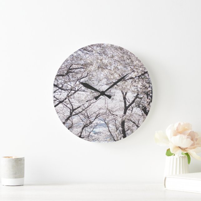 Neutral White Cherry Blossom Florals By Ava Large Clock (Home)