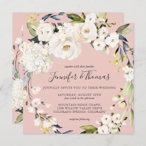 Neutral White Floral Blush Pink Square Wedding Invitation