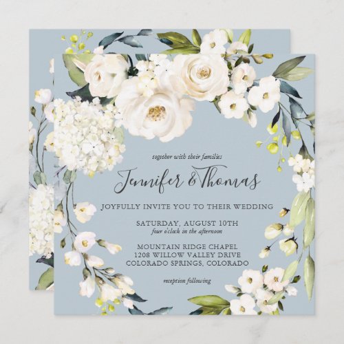 Neutral White Floral Dusty Blue Square Wedding Invitation