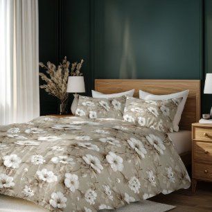 Neutral white floral taupe beige chic bedroom duve duvet cover