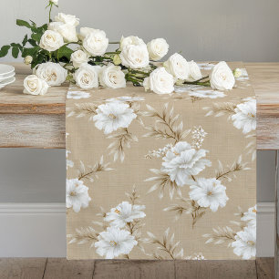 Neutral white floral taupe beige chic dining table long table runner
