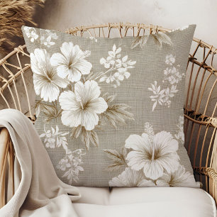 Neutral white floral taupe beige modern living roo throw pillow