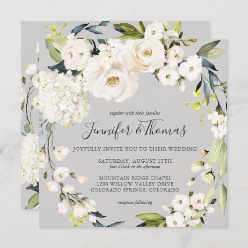 Neutral White Floral Wreath on Taupe Wedding Invitation