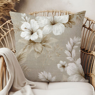 Neutral White Flowers Beige Taupe Throw Pillow