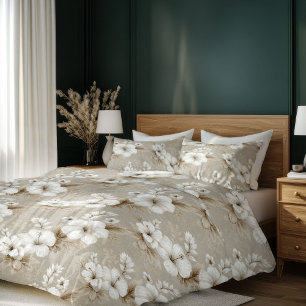 Neutral White Flowers Ivory Beige Duvet Cover