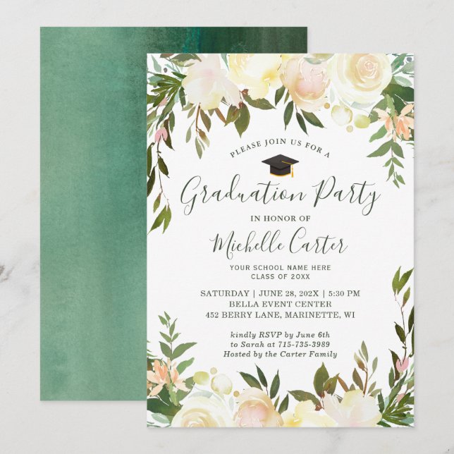 Neutral White Greenery Floral Graduation Party Invitation (Front/Back)