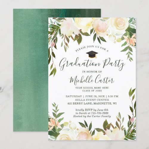 Neutral White Greenery Floral Graduation Party Invitation